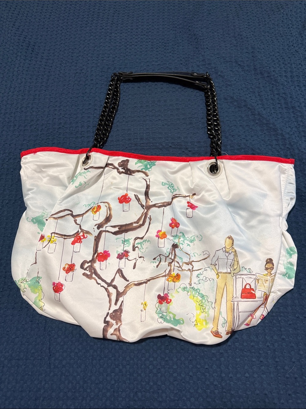 DSW White Floral Tree Print Tote with Black Chain Handles and Red Trim NWT